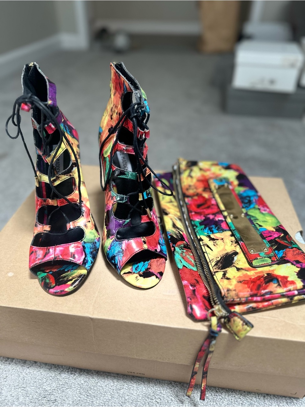 Steve Madden Patent Multicolor Floral Lace-Up Heels with Matching Clutch